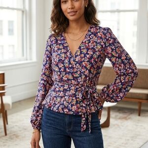 Banana Republic Navy Floral Wrap Peplum Top